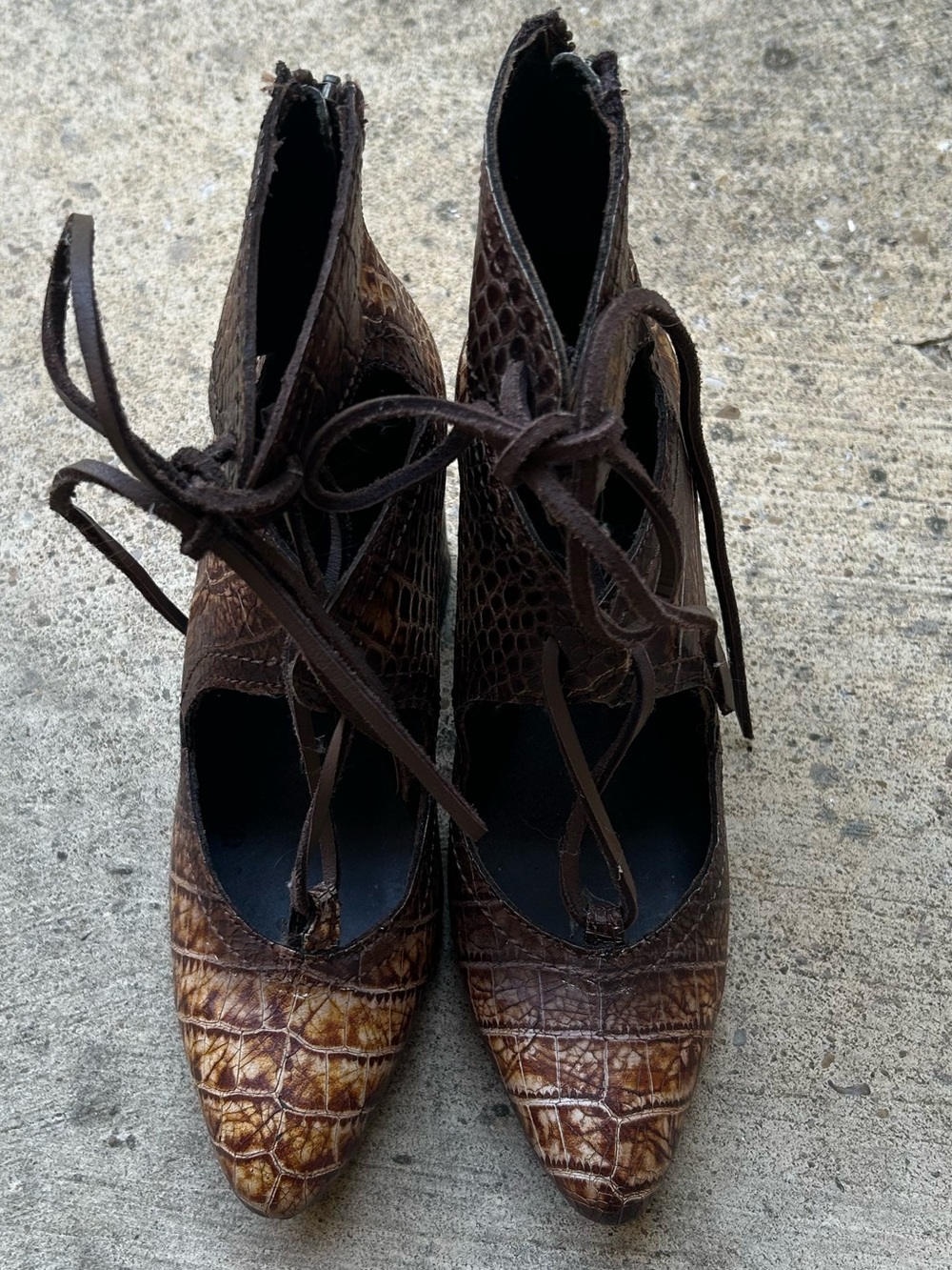 Freebird by Steven Brown Croc-Embossed Lace-Up Pointed Toe Heels